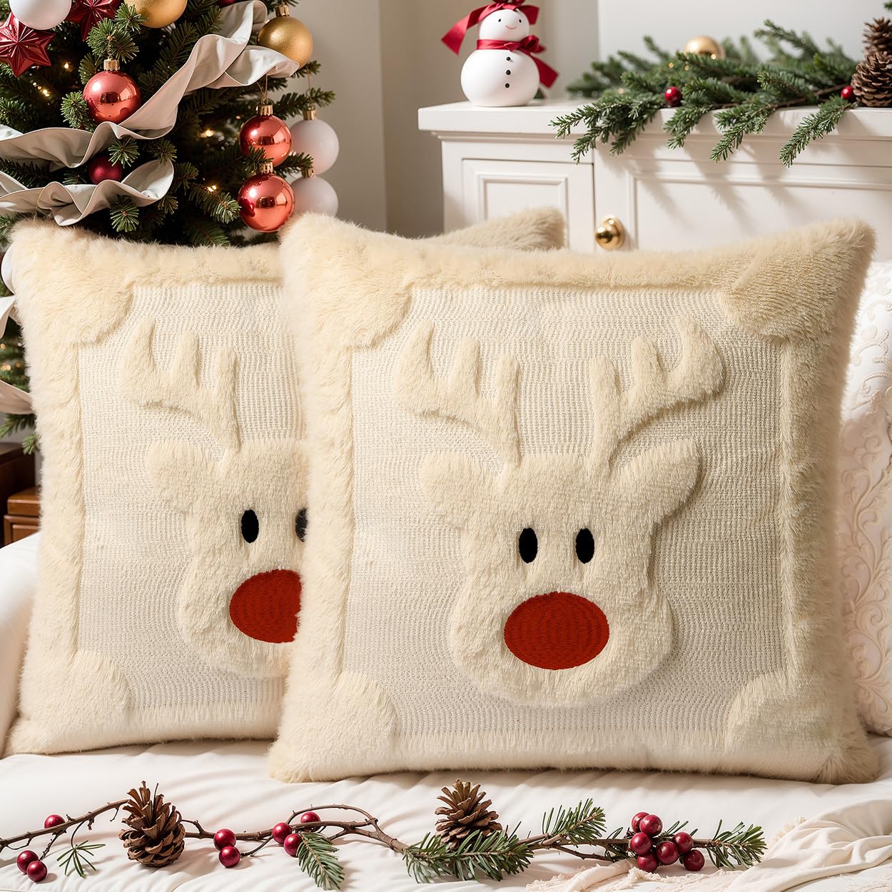SEGXCFL Christmas Pillow Covers Set of 2 Soft Plush Faux Fur Pillow Cases 3D Embroidered Decorative Couch Cover Home Decor Christmas Throw Pillow Covers 18x18,Beige Reindeer