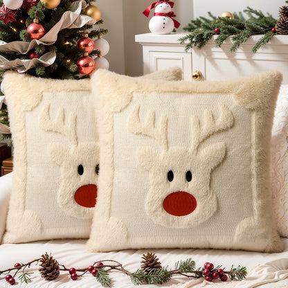 SEGXCFL Christmas Pillow Covers Set of 2 Soft Plush Faux Fur Pillow Cases 3D Embroidered Decorative Couch Cover Home Decor Christmas Throw Pillow Covers 18x18,Beige Reindeer