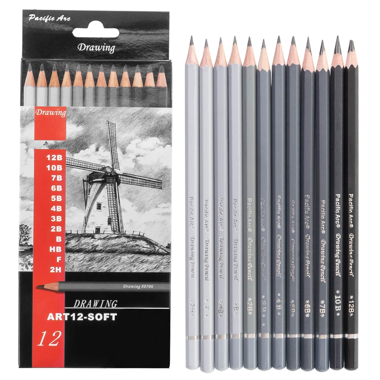 Pacific Arc Premium Graphite Drawing Pencils for Artists, Soft Pack - Professional Pencils for Drawing, Drafting, Sketching and Shading 12 Pk. - Great Non Toxic Art Supplies Set