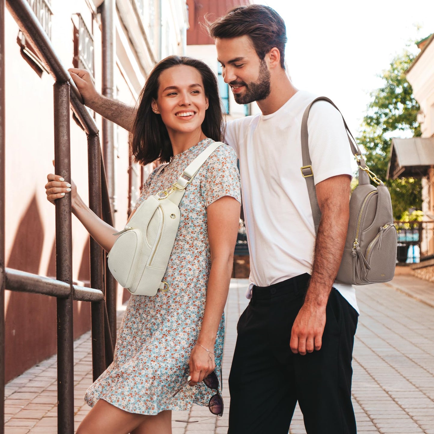 Kattee Sling Bag for Women, Leather Fanny Packs Crossbody Purse, Small Chest Bag with RFID Blocking, Beige