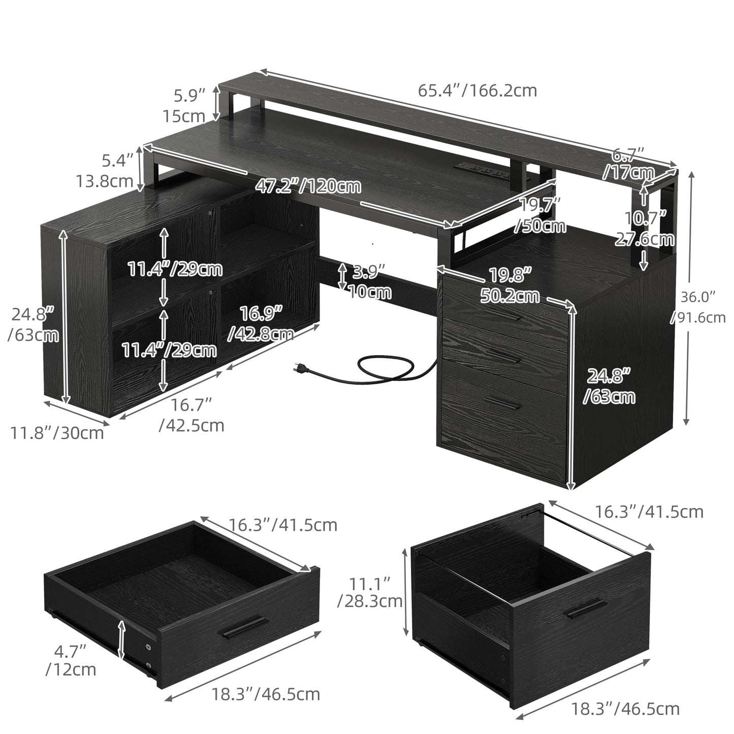 DWVO L Shaped Desk with Drawers, 65" Computer Desk with Power Outlets & LED Lights, Corner Home Office Desk with Storage Shelves & Printer Stand, Black