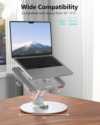 LOXP Laptop Stand with Phone Holder, Adjustable Laptop Stand with 360 Rotating Base, Aluminum Computer Mount Holder, Ergonomics Laptop Riser for Desk, Fits MacBook, up to 17.3" All Notebooks Silver