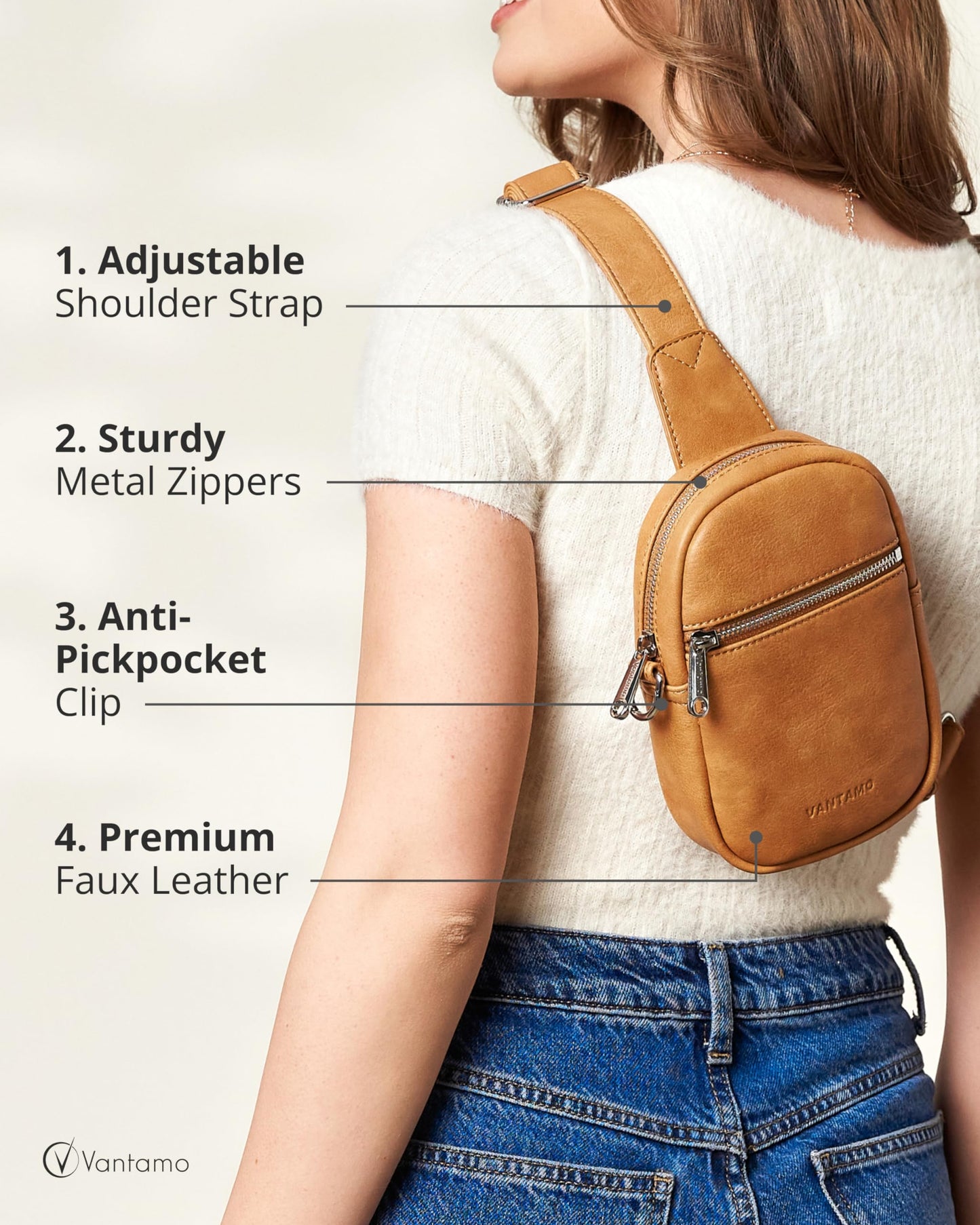 Vantamo Small Crossbody Bags for Women 29"-52" Adjustable Strap, Extra Safe Sling Bag with RFID & Anti-Pickpocket Clip, PU Leather Cross Body Packs with Gift Box, Tan Bags for Women