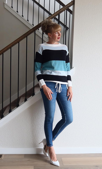 Dokotoo Womens Sweaters Striped Fall Winter Outfits 2025 Crewneck Drawstring Color Block Fashion Clothing