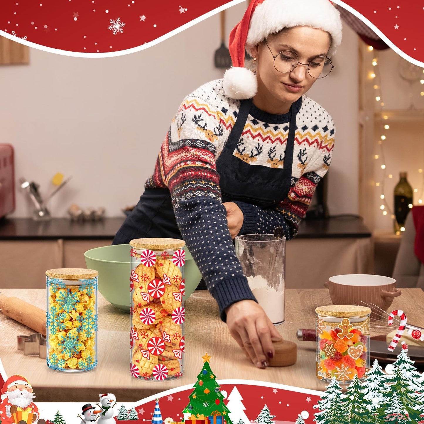 Cumule 3 Pcs Christmas Glass Storage Jars With Airtight Bamboo Lid Candy Cane Gingerbread Man Snowflake Glass Food Storage Jars with Wood Lid for Xmas Home Kitchen Containers Decoration