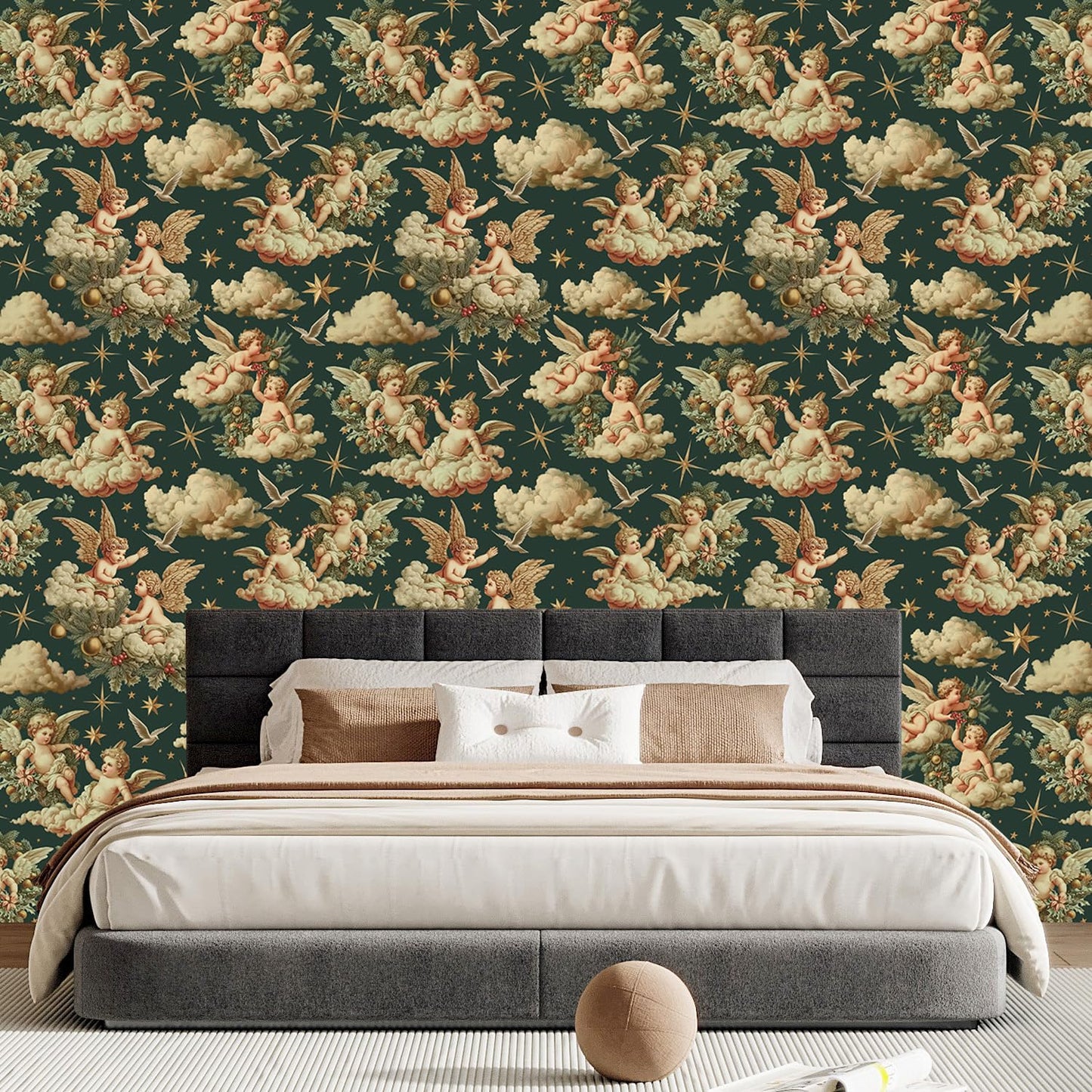 LHIUEM Lovely Cupids Peel and Stick Wallpaper Cupid Baby Angel Wings Vintage Wallpaper(17.3”X118”) White Angel Removable Gift Wrapping Paper Valentine's Day Accessory Kit for Bedroom Renter