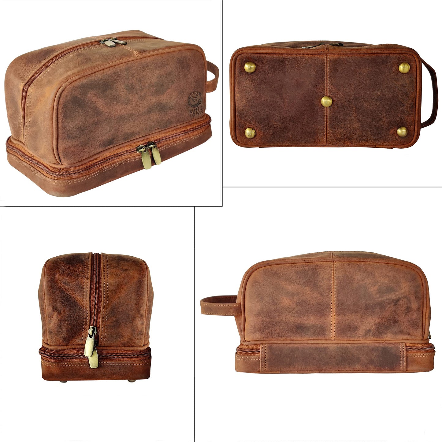 Genuine Leather Travel Cosmetic Bag - Hygiene Organizer Dopp Kit By Rustic Town (Brown)