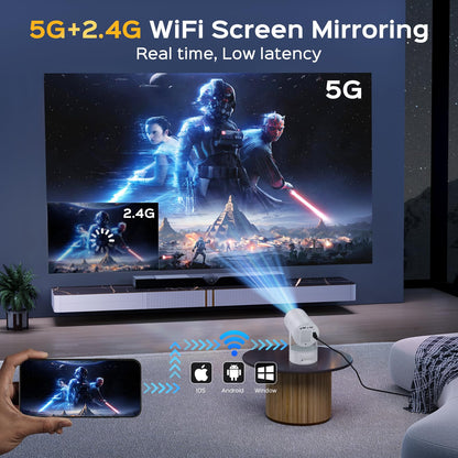 Mini Projector with WiFi & Bluetooth, Auto Keystone & Electric Focus, 270° Rotation Rechargeable Portable Outdoor Projector, Native 1080P 4K Supported for Home Theater & Camping