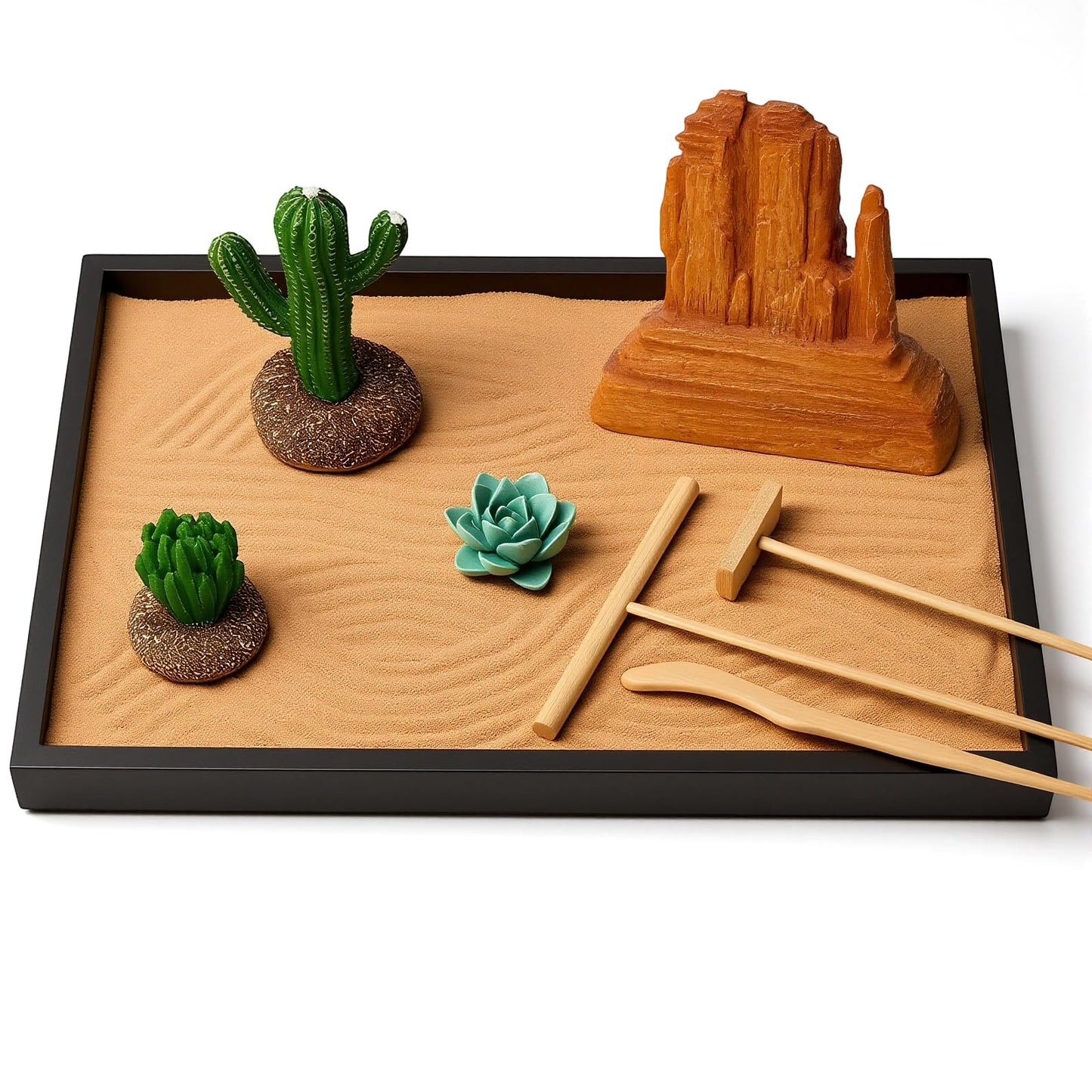 Desert Zen Garden Kit for Desk,12.6x8.6in Premium Sand Tray with 4 Artificial Features, Brown Sands, 3 Wood Tools，Mini Southwestern Desert Decor Zen Sand Garden Set for Home, Office Desk