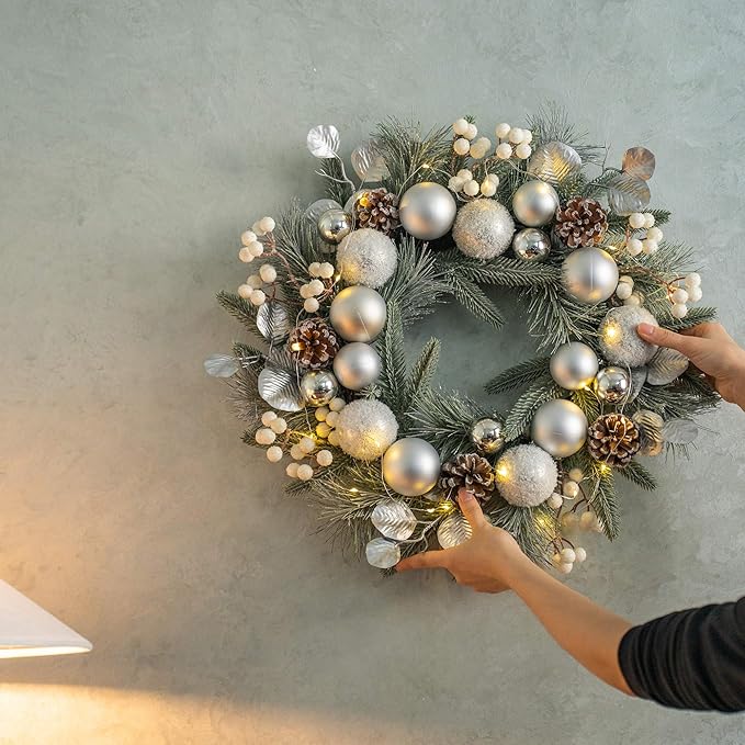 YULETIME 20-inch Christmas Wreath, Battery Operated Holiday Wreath with 20 Fairy Lights, Silvery Baubles, White Berries, Pine Cones, Silvery Leaves, Frosted Spruce Branches & Pine Needles (Silver)