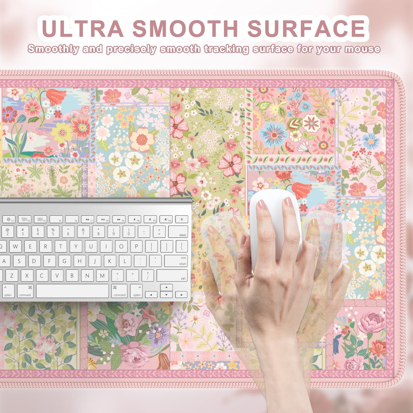 iCasso Pink Desk Mat for Keyboard and Mouse, Large Mouse Pad, Floral Desk Pad, Anti-Slip XXL Big Mousepad with Stitched Edges for Computer