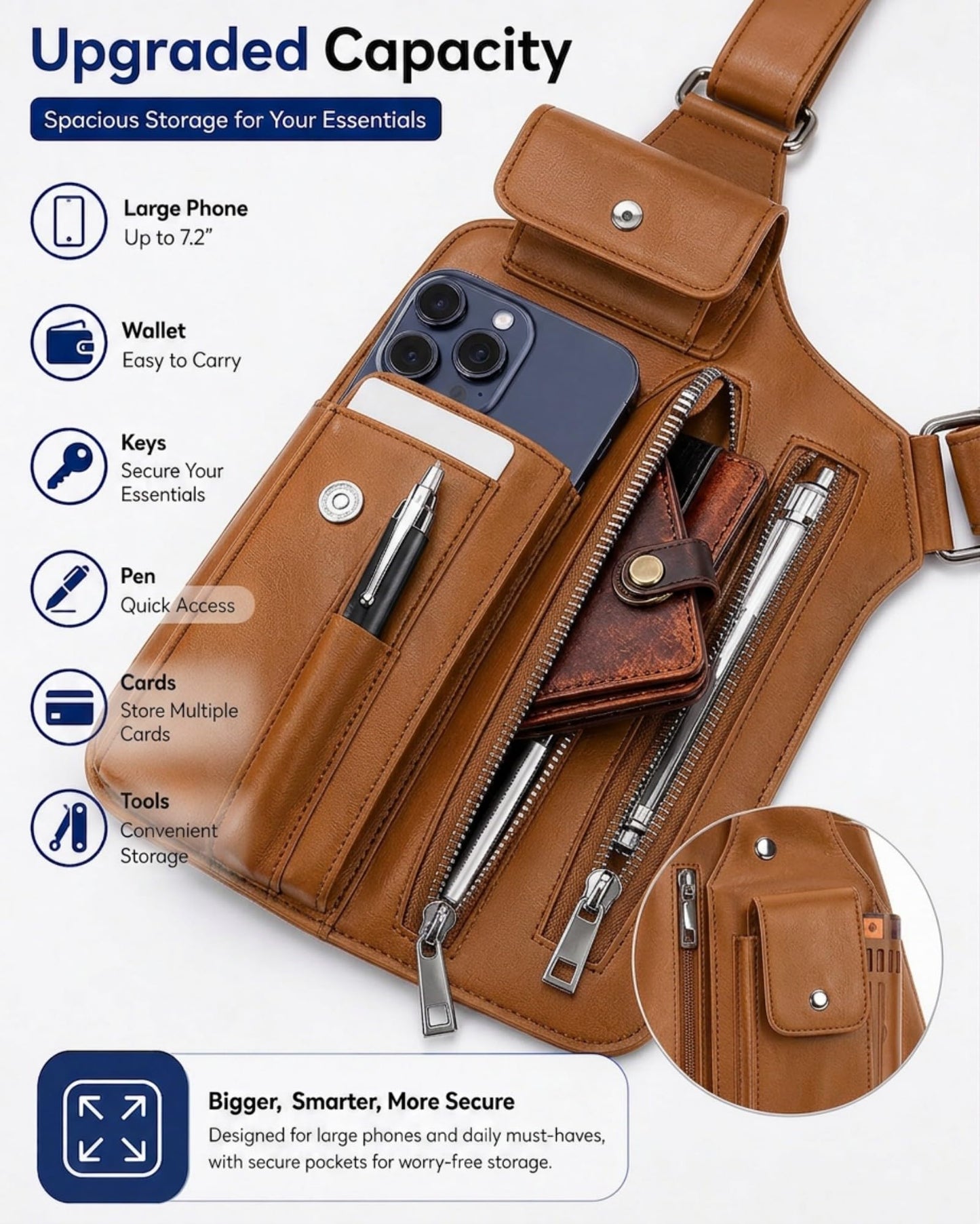 Taadyin Large Double Shoulder Armpit Bag for Men, PU Leather Anti-Theft Underarm Holster Shoulder Wallet for Travel Cycling (Brown)