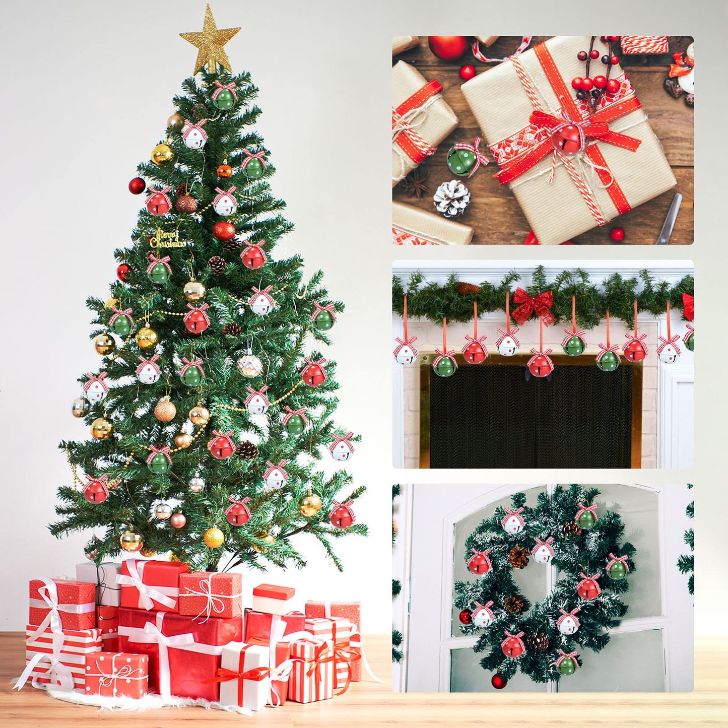 Naler 24 Pieces Christmas Jingle Bells with Ribbon Metal Cutout Craft Bells Hanging Ornaments for Christmas Tree Xmas Decoration, Red Green White, 1.57”