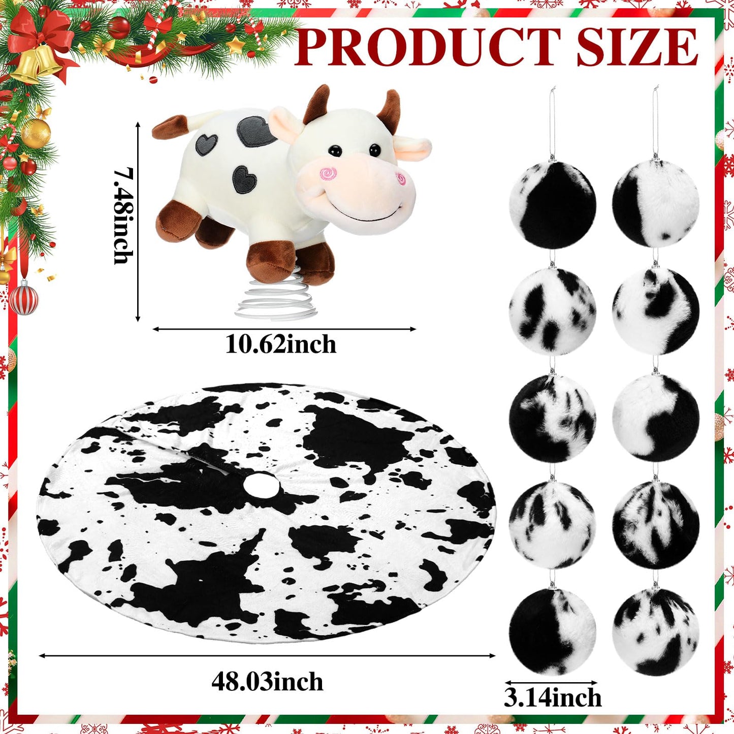 Leitee 12 Pcs Cow Christmas Tree Decoration Set Xmas Western Cowhide Tree Topper Skirt Faux Fur Plush Hanging Artificial Flowers Rustic Christmas Cow Treetop Ornaments for Farmhouse Country Holiday
