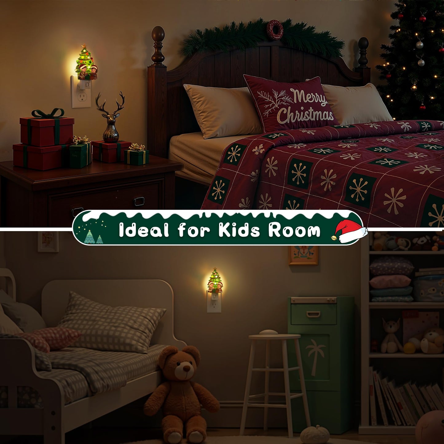 L LOHAS Christmas Tree & Snowman Night Light, 3000K Warm White Plug-in Resin Nightlight with 360° Rotatable Plug, Holiday Home & Kids Room Decor, 1 Pack