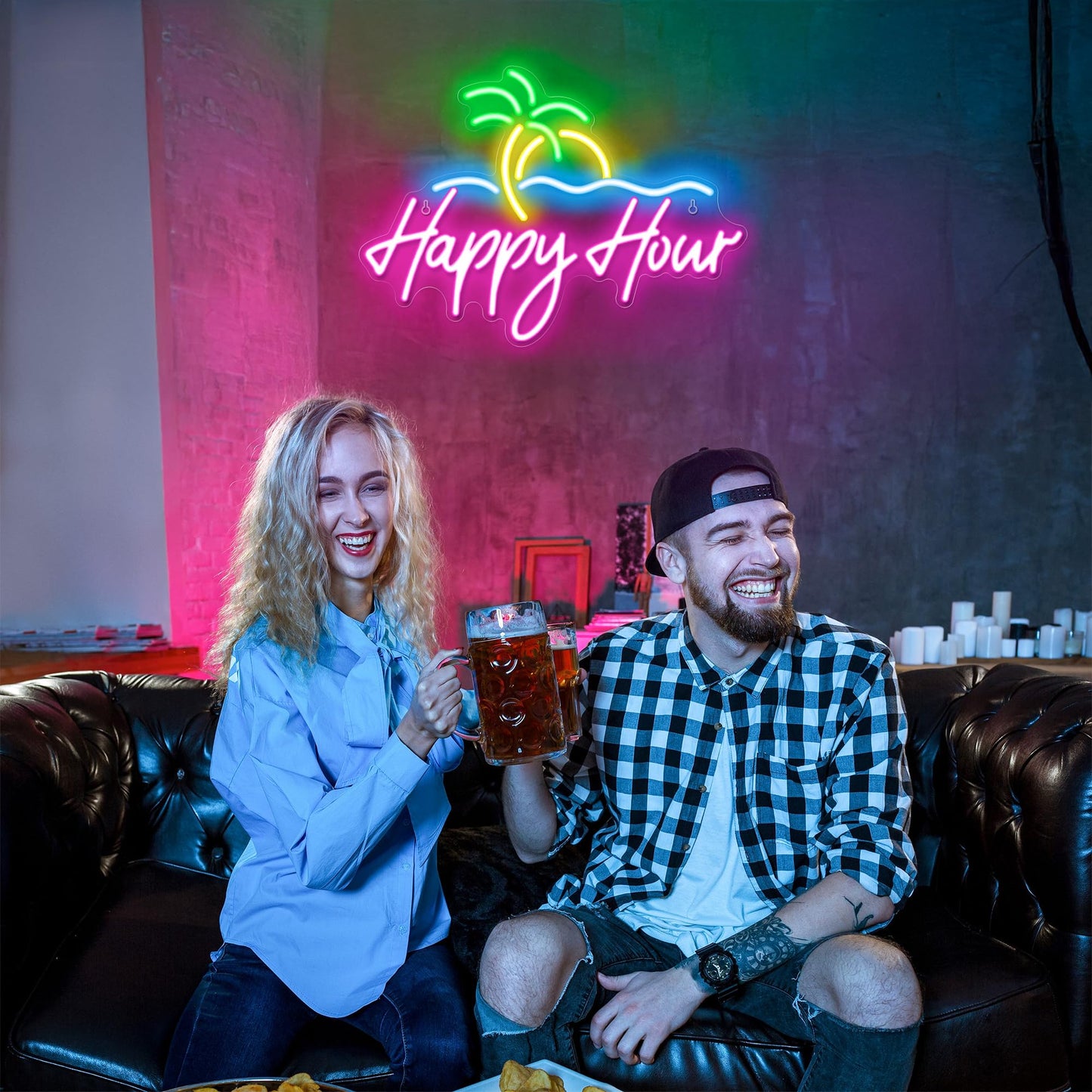 Kavaas Happy Hour Neon Sign 15.7" x 11.2", Palm Tree Neon Bar Signs for Home Bar Man Cave Club Pub Party - Best Gifts for Husband, Father, Birthday, Christmas