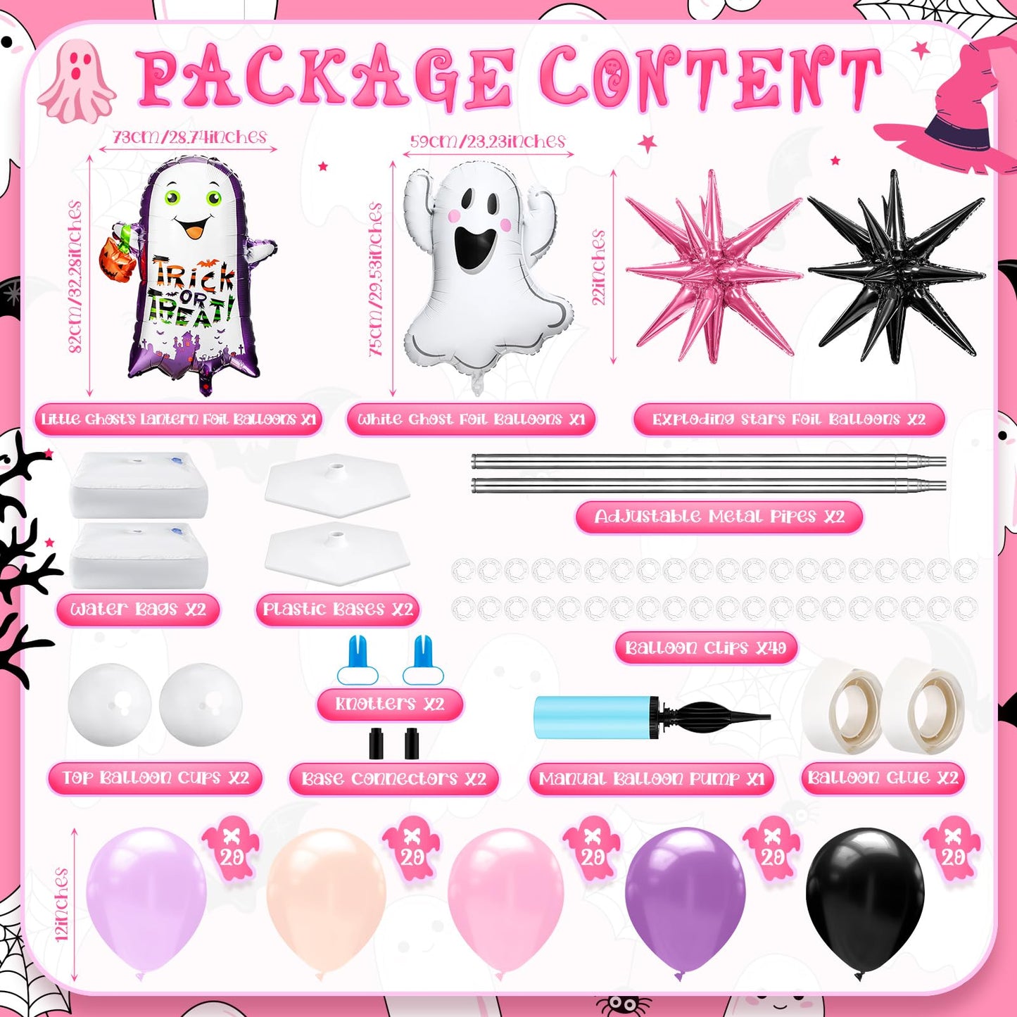 Kasyat 2 Sets Pink Purple Halloween Balloon Column Stand Kit Purple Pink and Black Arch Garland Kit with Cute Ghost Explosion Star Foil Balloons for Spooky Birthday Party Halloween Party Decoration