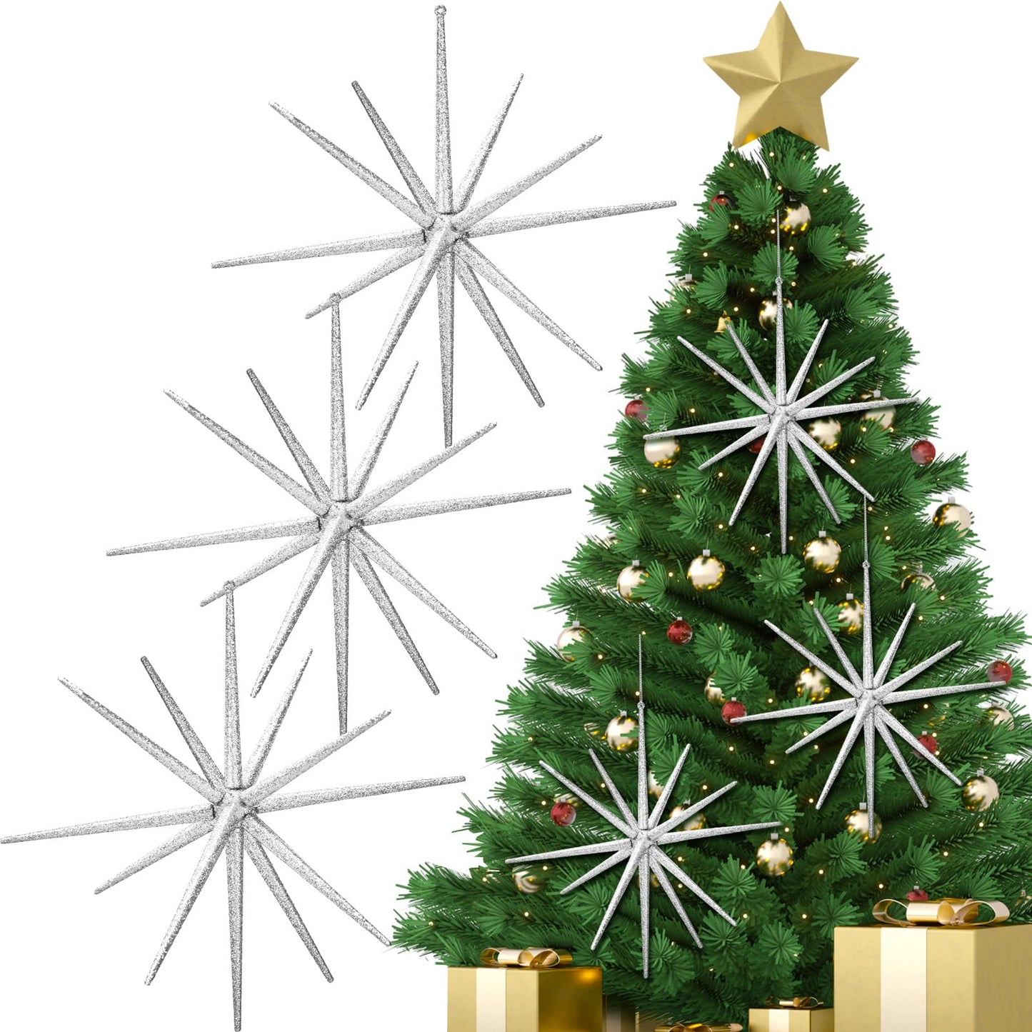 Syhood 6 Pcs Glitter Starburst Star New Year Ornaments 8 Inch Exploding Glitter Starburst Bethlehem Star Hanging Tree Ornaments Tabletop 3D Decor New Year Holiday Party(Sliver,Classic)