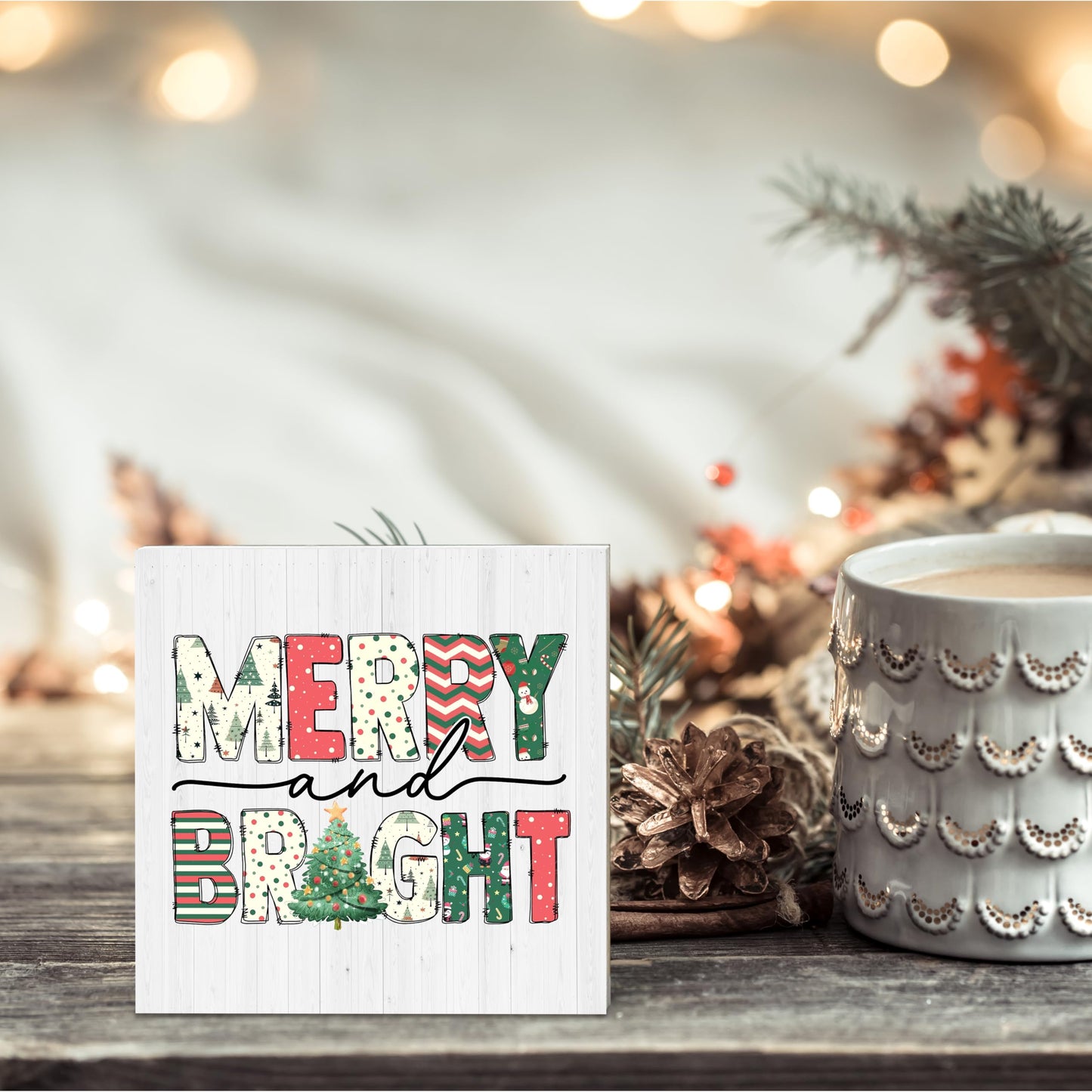 OXRUN Christmas Table Decorations, Merry and Bright Wooden Box Sign Decorative, Xmas Holiday Gifts for Women Men Home Office Shelf Decor 6 x 6 Inches - F07
