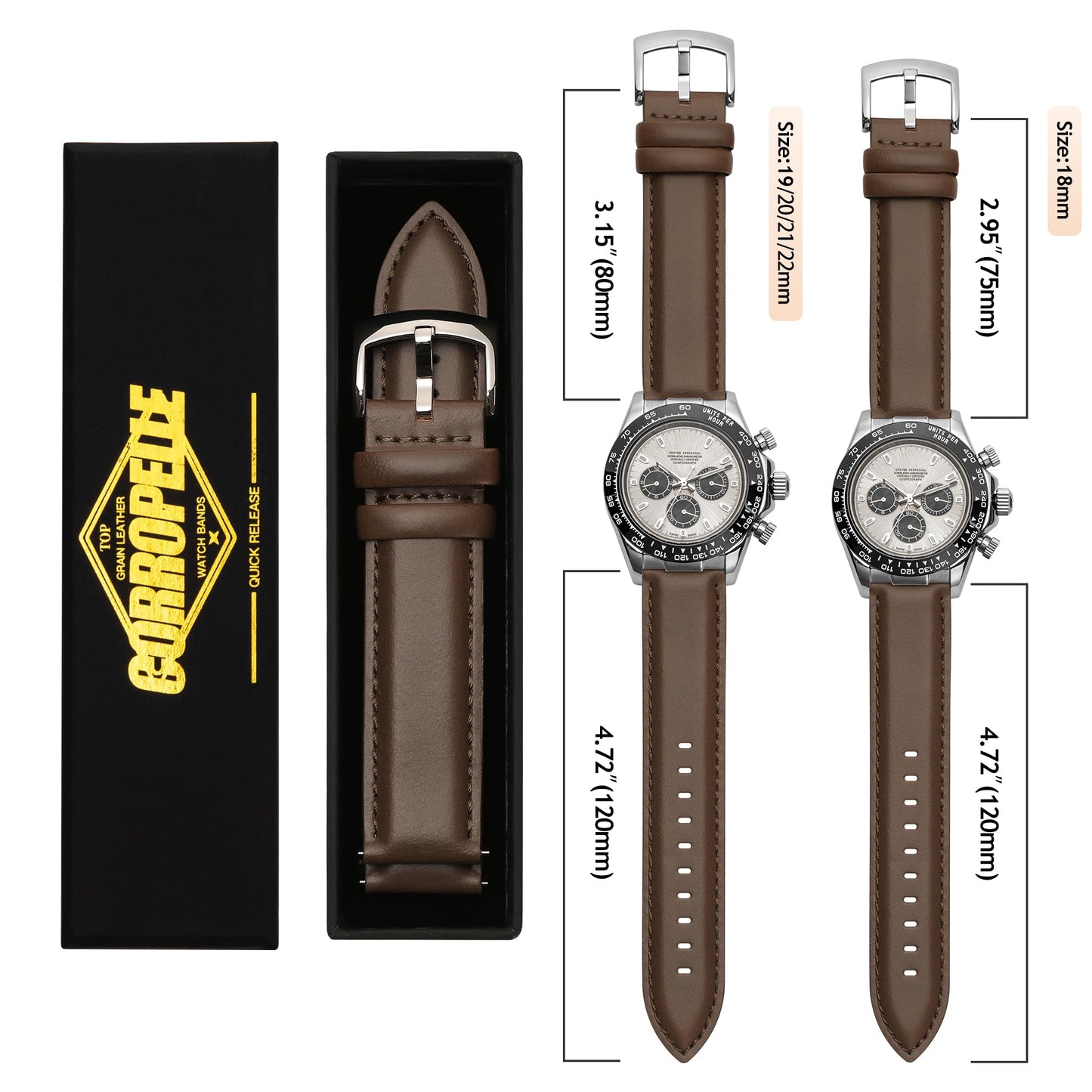 CORROPELLE Leather Watch Bands Quick Release, Elegant Top Grain Leather Watch Straps Band Replacement for Men and Women, Watch and Smartwatch, Choice of Width 18mm 19mm 20mm 21mm 22mm