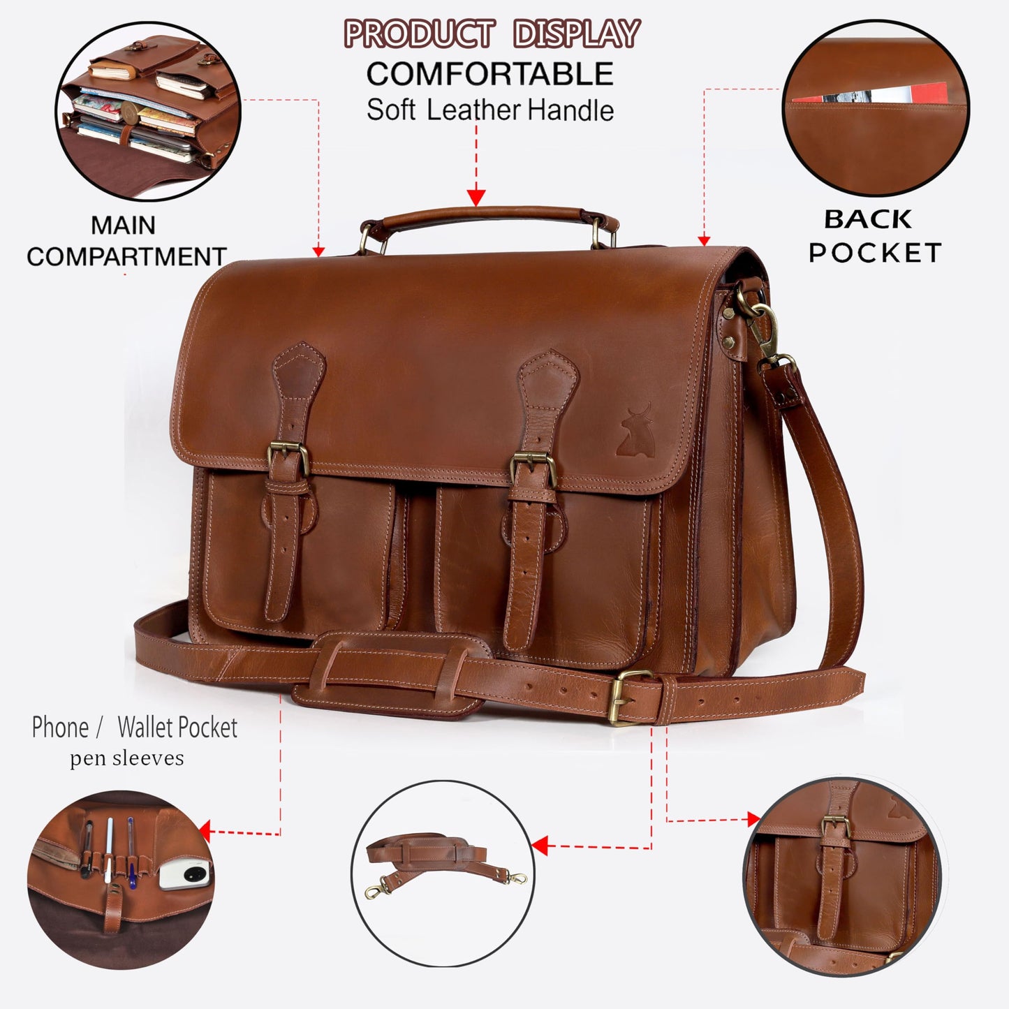 Leather Messenger Bag For Men - leather laptop bag briefcase for women - Mens Satchel Bag, 16 Inch Brown Genuine Buffalo Leather Computer Bag For Work