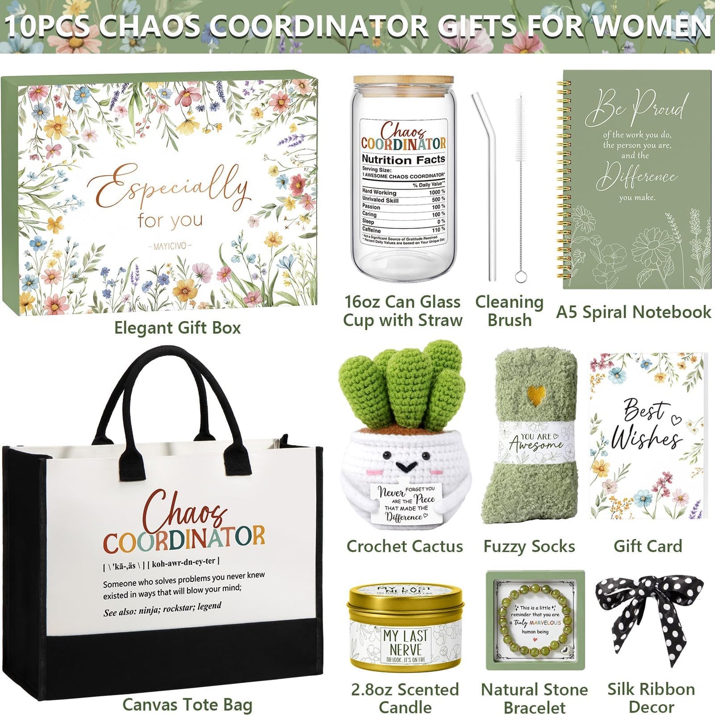 Thank You Gifts for Women, Administrative Professional Day Gifts, Chaos Coordinator Gift for Coworkers Women Boss Lady Manager Teacher Nurse Employee Appreciation Birthday Gift w/ Canvas Tote Bag