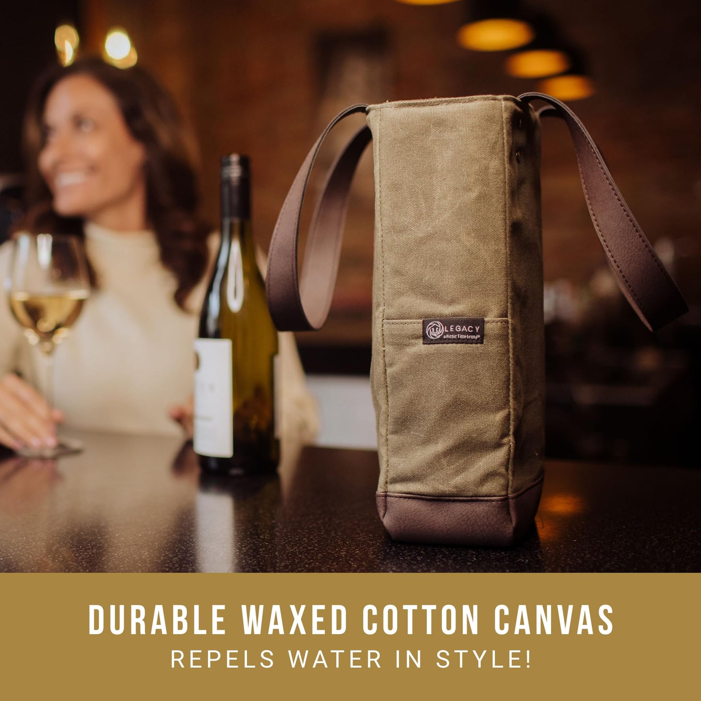 Legacy - a Picnic Time Brand, 2-Bottle Insulated Wine Bag, Distressed Waxed Canvas Wine Tote Bag, Wine Gift Bag
