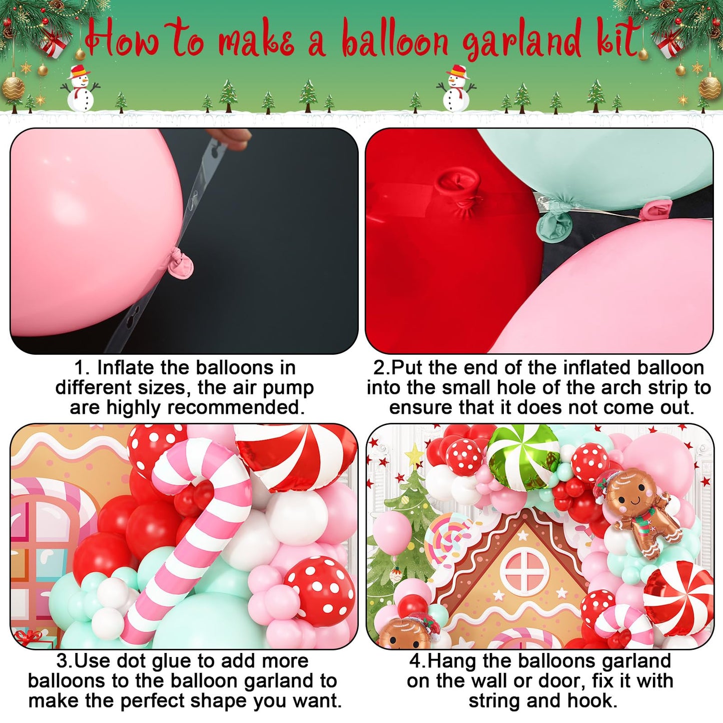 Gingerbread Balloon Garland Kit 139Pcs Pink Red Green White Christmas Balloons Arch with Gingerbread Man Candy Cane Foil Balloon New Year Xmas Cookie Exchange Gingerbread House Party Decorations