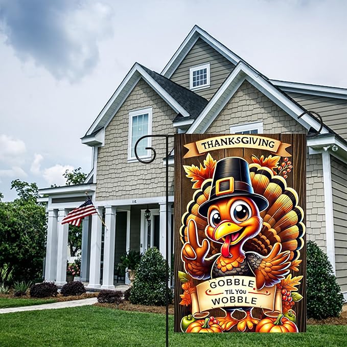 Thanksgiving Turkey Garden Flag 12x18 Inch Welcome Gobble Til You Wobble Outdoor Flag Double Sided Fall Autumn Yard Banner with Cartoon Pilgrim Turkey and Pumpkins for Porch Lawn Patio