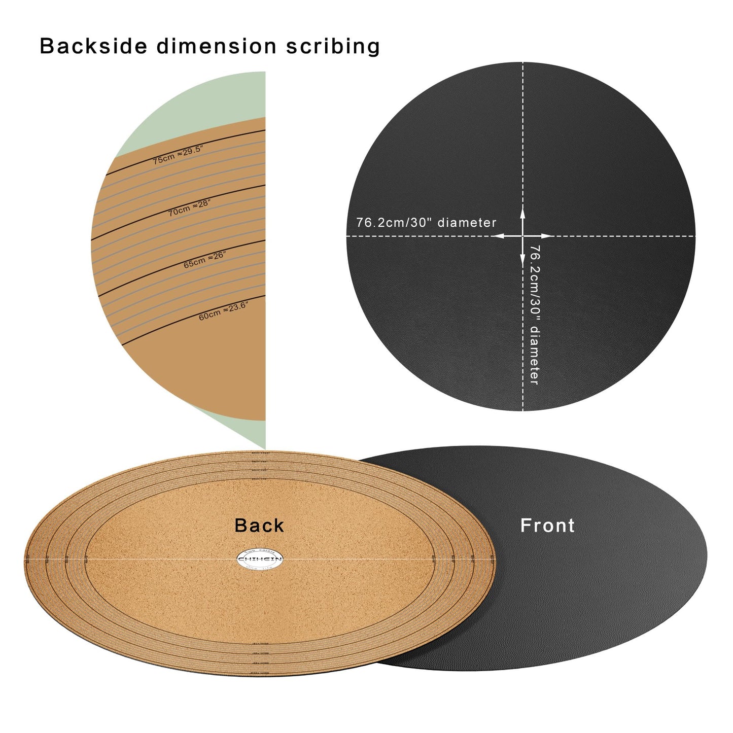 Chihein 30"/762mm/2.5ft Round Placemat with Cork & PU Leather - Can be Cut into Half Circle Dining Table Mat or The Round Table Cover with A Diameter of 24" - 30" (Black)