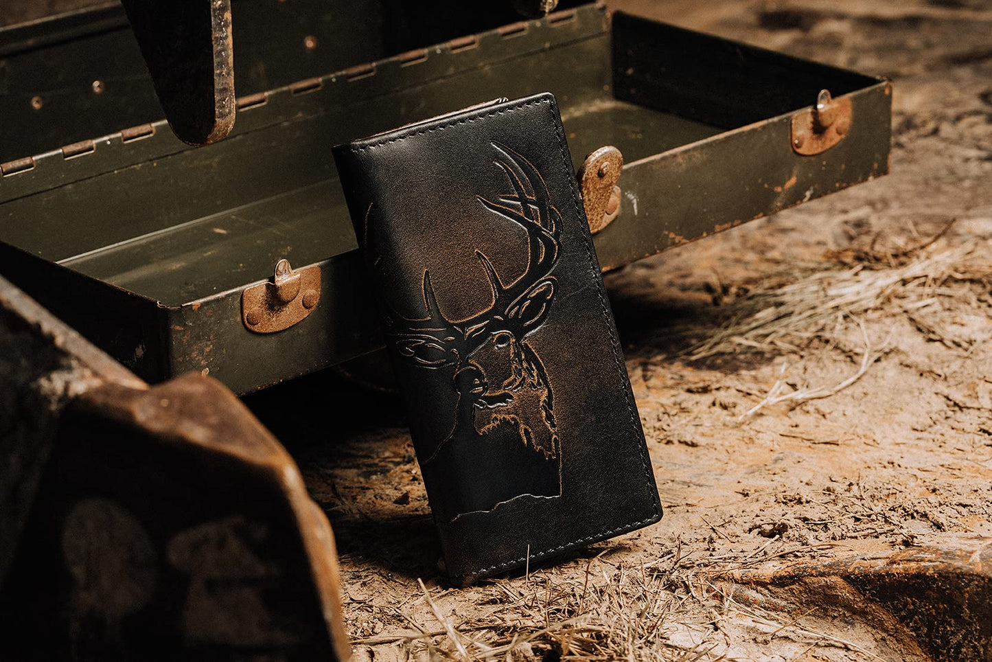 House of Jack Co. Deer Long Bifold Wallet for Men and Outdoorsmen, Rodeo Wallet, Full Grain Cowhide Leather Wallet, Black