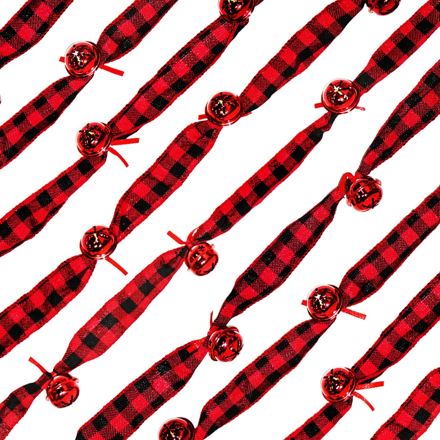 Jishi Rustic Buffalo Plaid Ribbon Garland - 6 Yards with Jingle Bell & Metal Sleigh Bell Ornaments