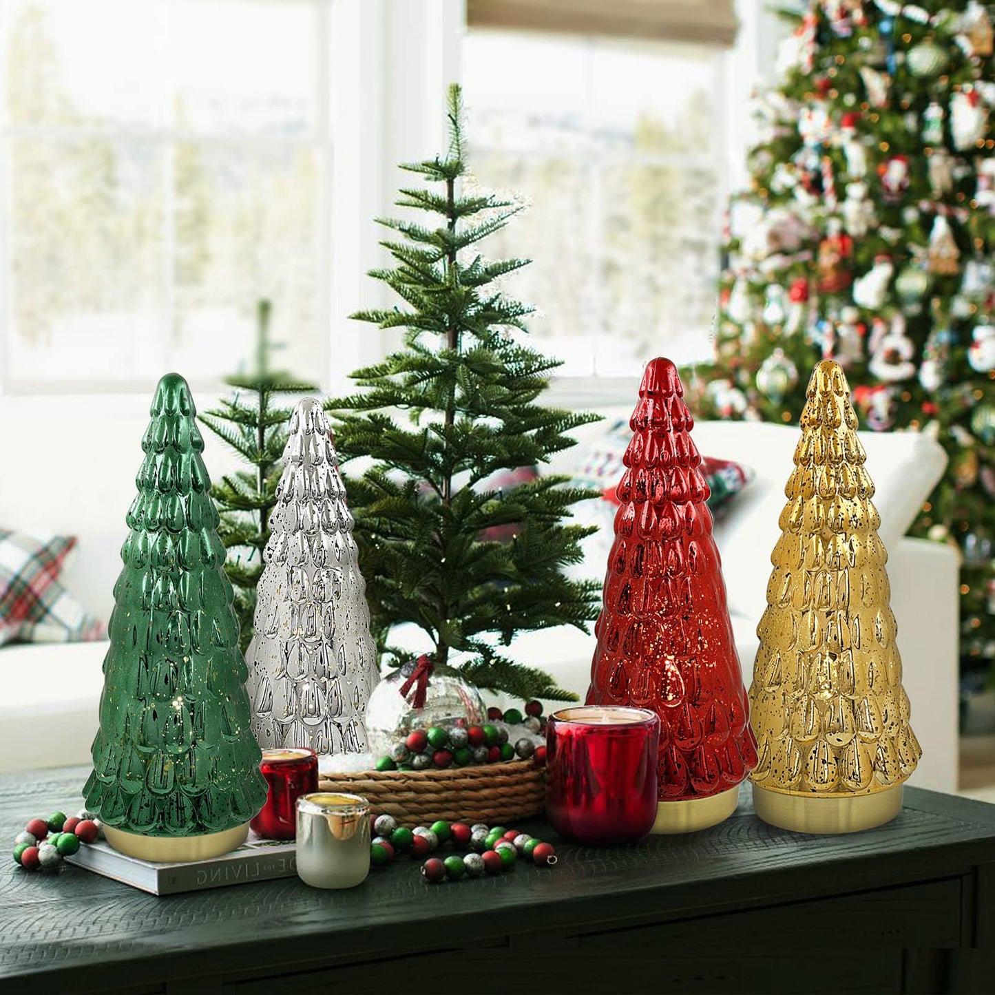 SHMILMH Mercury Glass Christmas Tree Green, Tabletop Christmas Tree with Light, Battery Operated Mini Xmas Tree for Fireplace Centerpiece Decorations 10", Set of 2