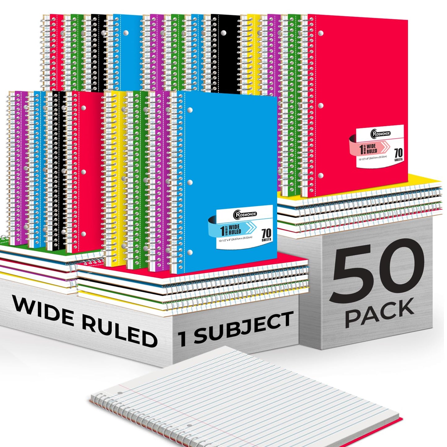 Rosmonde 50 Pack, 1 Subject Spiral Notebook Wide Ruled Bulk, 140 Pages (70 Sheets), Thick No-Bleed Paper, 8 x 10-1/2", 3 Hole Punched, 1 Subject Spiral Notebook Bulk, Bulk Subject Notebook