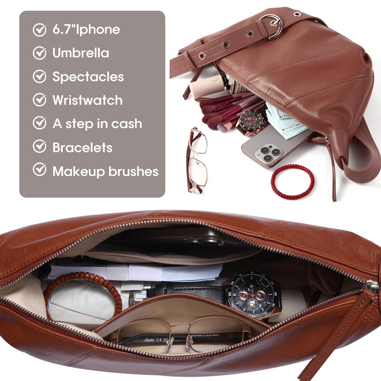 Swgsdh&Hyls Genuine Leather Bags for Women,Hobo Shoulder Bags with Adjustment Strap,Fashion Ladies Crossbody Purse, Casual Satchel (Walnut)