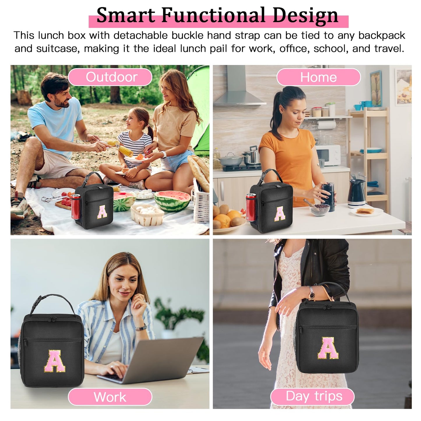 Initial Insulated Lunch Bag, Lunch Box with Initial Letter Patch for Teen Adult, Reusable Lunch Bag for Men Women, Ideal Back to School Gift Back to School Gift Birthday Gift, Pink A
