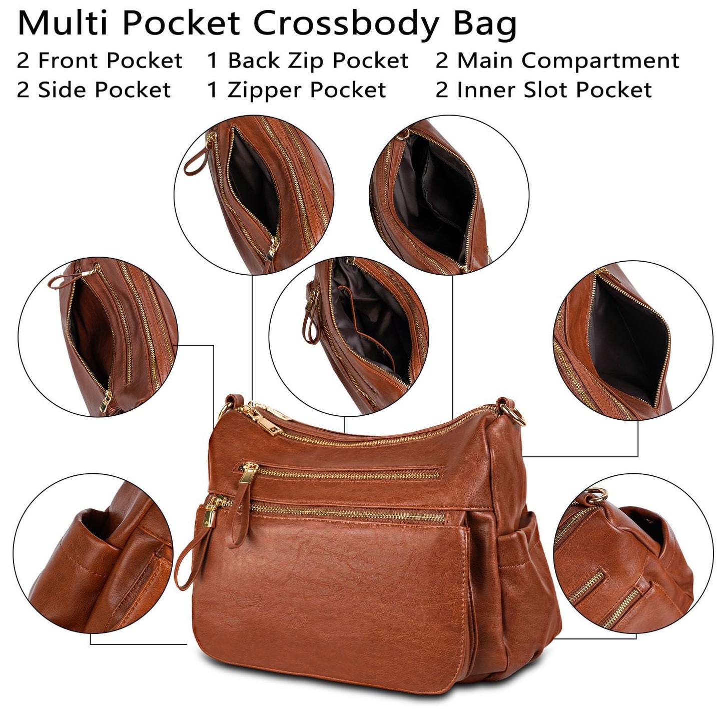 KOGTLA Medium Crossbody Purses for Women, Ladies Roomy Shoulder Bags, Multi Pockets Hobo Handbags Brown