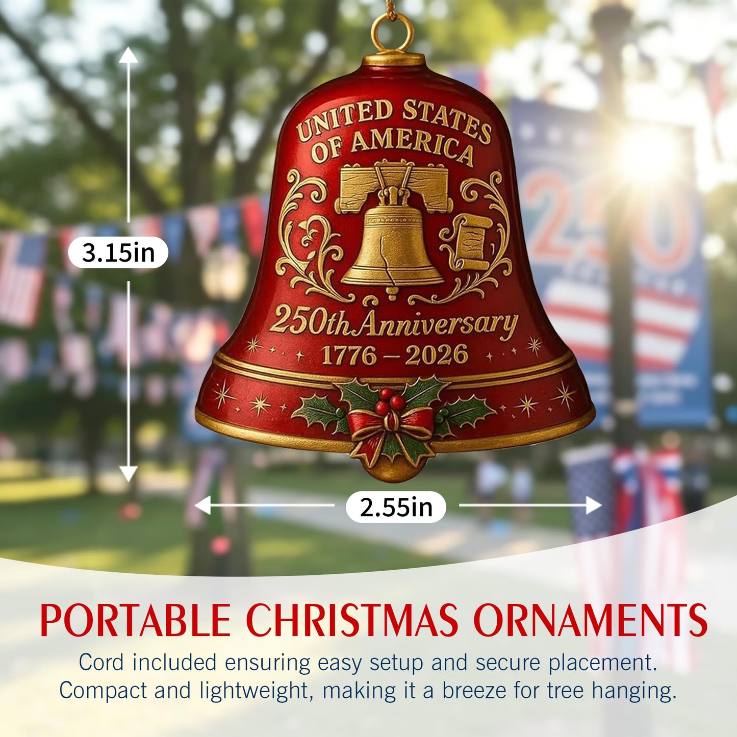 4pc 250th Anniversary USA Bell Ornament for 4th of July Decorations, 2D Acrylic 250 Anniversary Merchandise, America 250th Birthday Gifts, 250th Patriotic Decorations for Holiday Ornament Gift Bulk