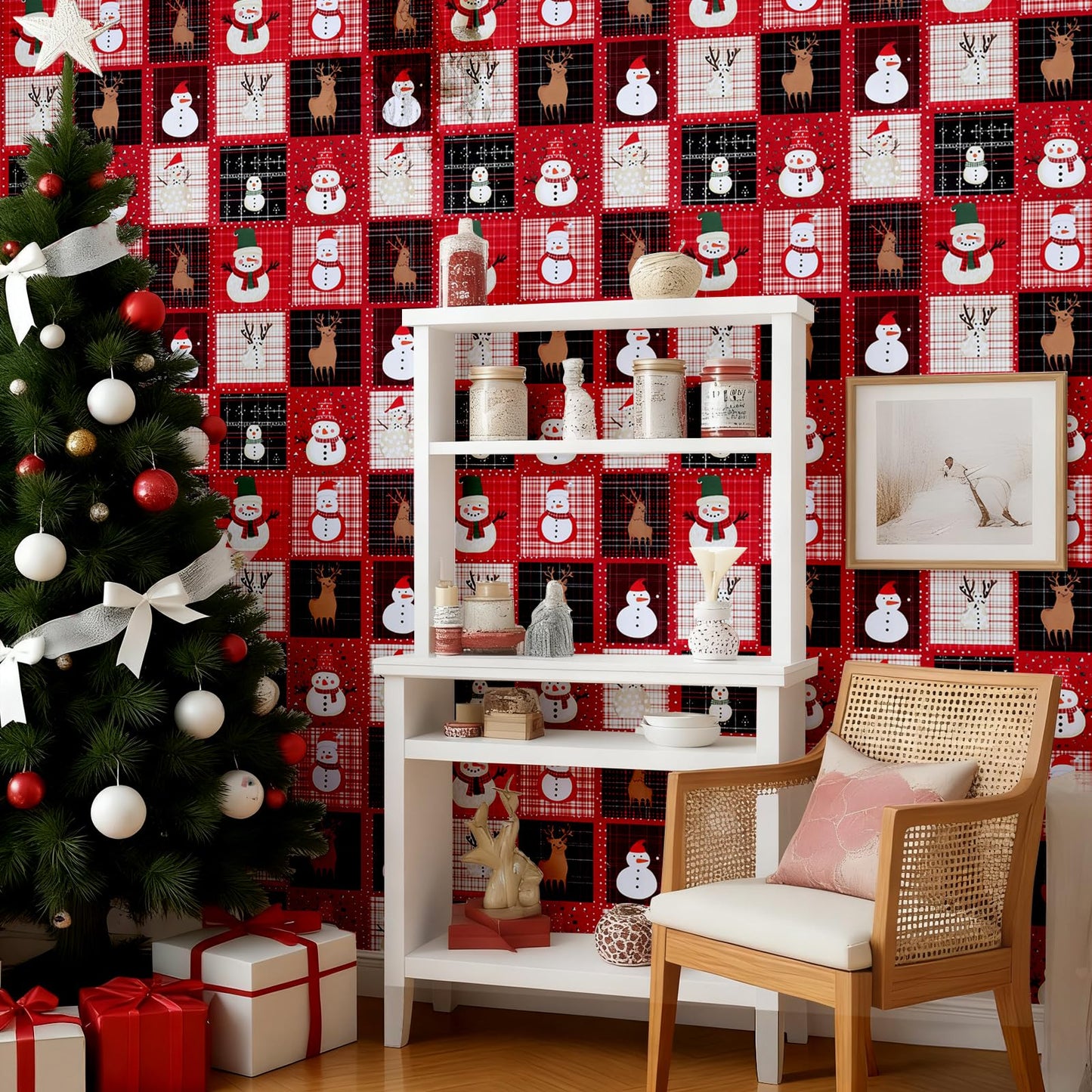 Peel and Stick Christmas Wallpaper Festive Snowman & Reindeer Holiday Contact Paper Removable Self Adhesive Vinyl Christmas Decor Wall Paper for Countertop Cabinets Drawers Furniture 17" x 196.8"