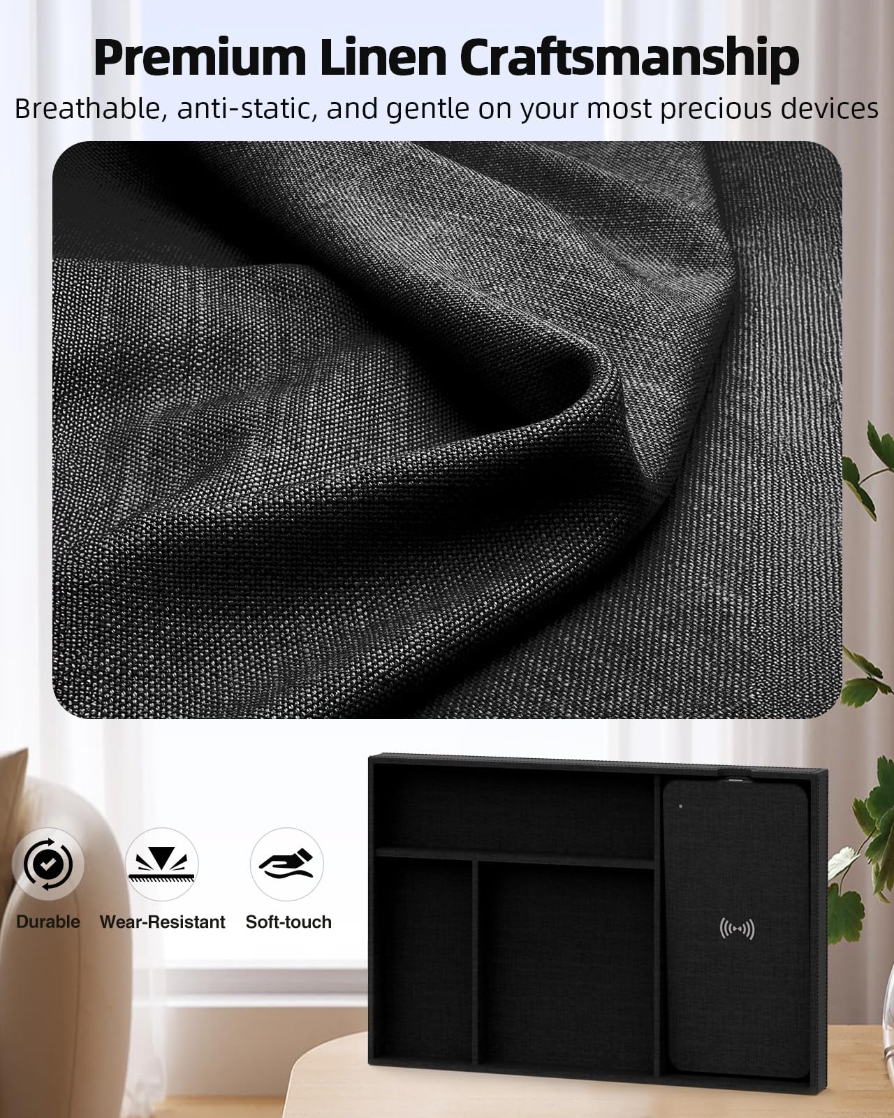 Valet Tray with Wireless Charger, Nightstand Organizer & Catchall Tray for Phone, Keys, Glasses and Accessories, Premium Linen, Stylish Desk & Bedside Storage Station, Black