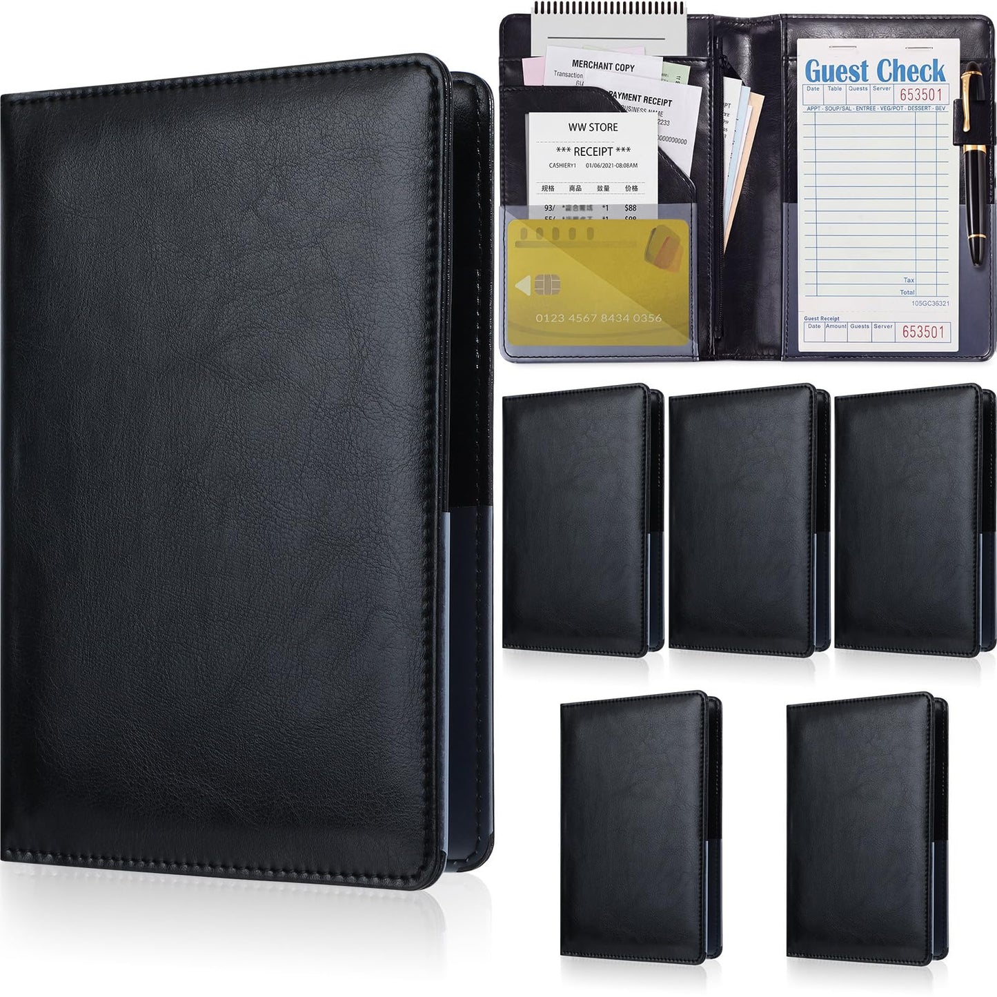 Containlol 6 Pcs Waitress Server Books Guest Book Pad Leather Money Organizer Wallet Organizer Waiter Cash Check Bill Receipt Holder with Pocket for Waitstaff Fit Apron(Classic Style)