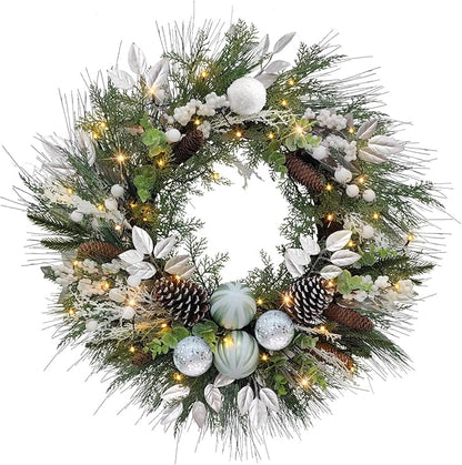 28’’ Pre-Lit Artificial Christmas Wreath, Theme Battery Operated 35 LED Lights with Faux Greenery, Pine Cones, Silver Leaves, White Berries and Silver Ornaments