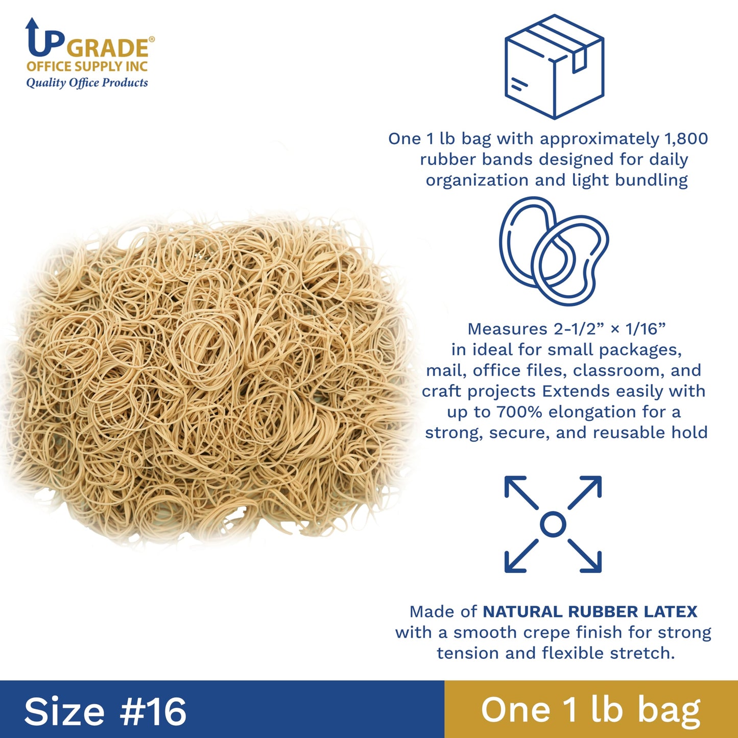 Upgrade Office Supply UPG22416 Rubber Bands, Size #16 (5-1/8 in x 1/16 in), 1,800 Bands, 1 lb Bag, USA