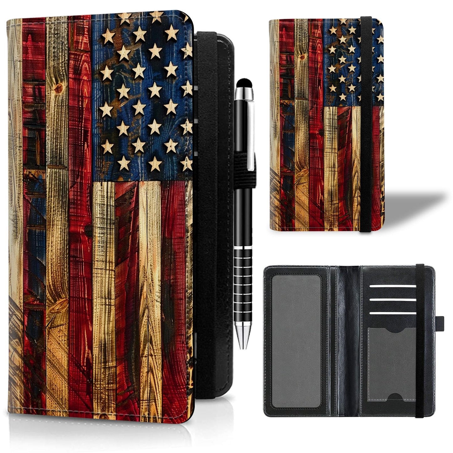 ACWDMKH Leather Checkbook Cover for Men Women Personal Checkbook Holder RFID Blocking Check Book Holder Cover for Duplicate Checks,with A Pen,American Flag Wood