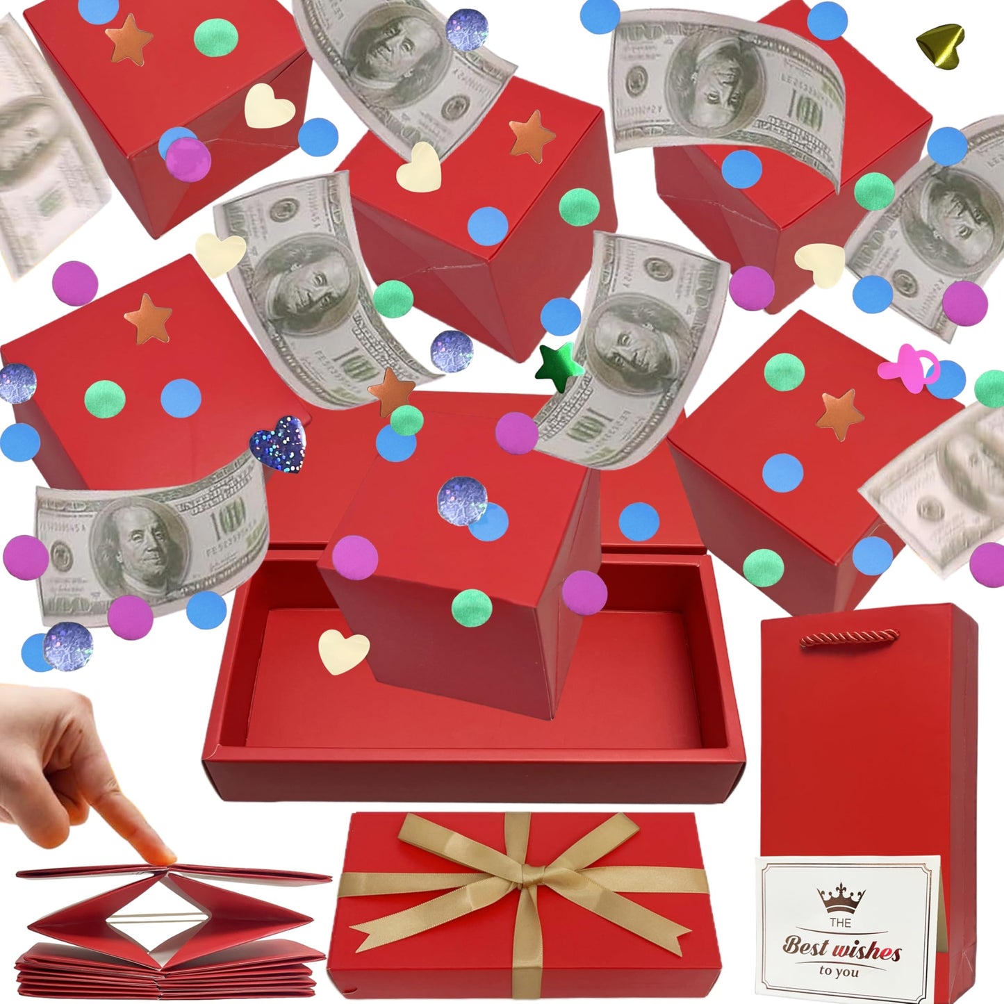 JINSTABAG Surprise Gift Box Explosion for Money, DIY Unique Folding Bouncing Cash Pop Up Gift Boxes for Birthday, Christmas, Anniversary, Valentine's Day. (Red)