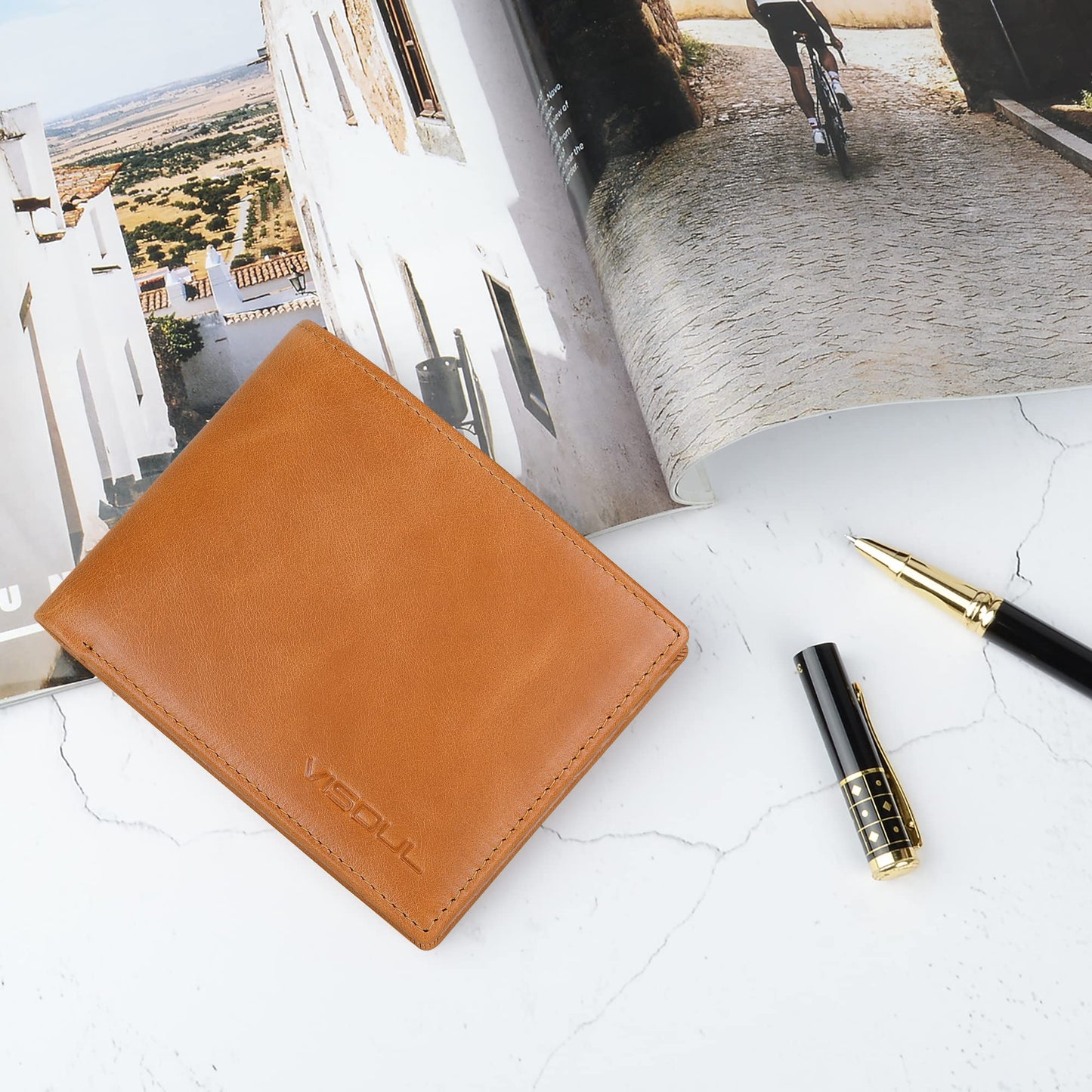 VISOUL Leather Mens Bifold RFID Blocking Wallet with 2 ID Windows, Leather Wallet for Men (Leather, Tan)