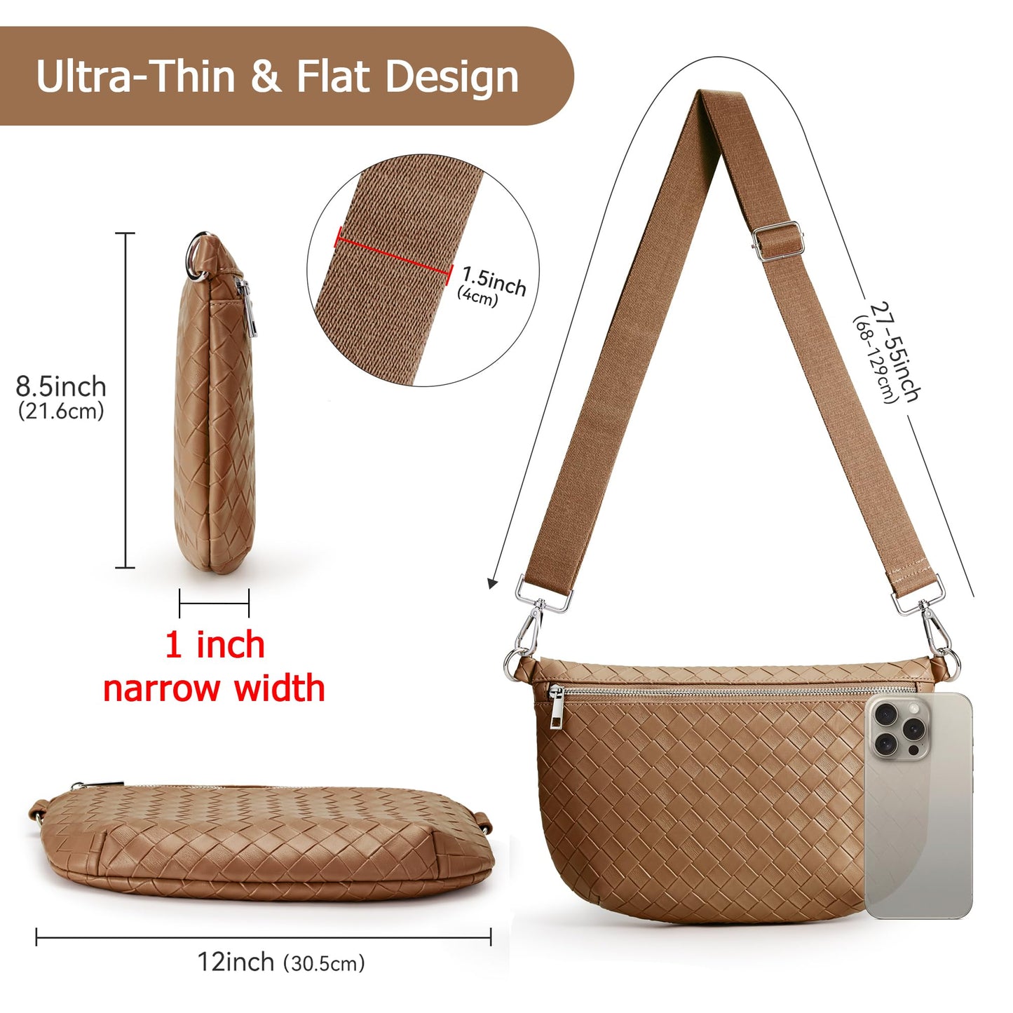 KALIDI Woven Crossbody Bags for Women Travel Vegan Leather Fanny Packs for Woman Cross Body Purse Fashion Belt Bum Bag with Wide Strap