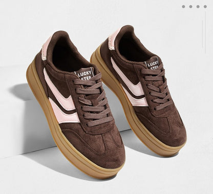 LUCKY STEP Platform Sneakers for Women Fashion Retro Thick Rubber Gum Sole Comfortable Tennis Skate Trainer Classic Walking Shoes Casual Streetwear(Brown/Pink,8.5)