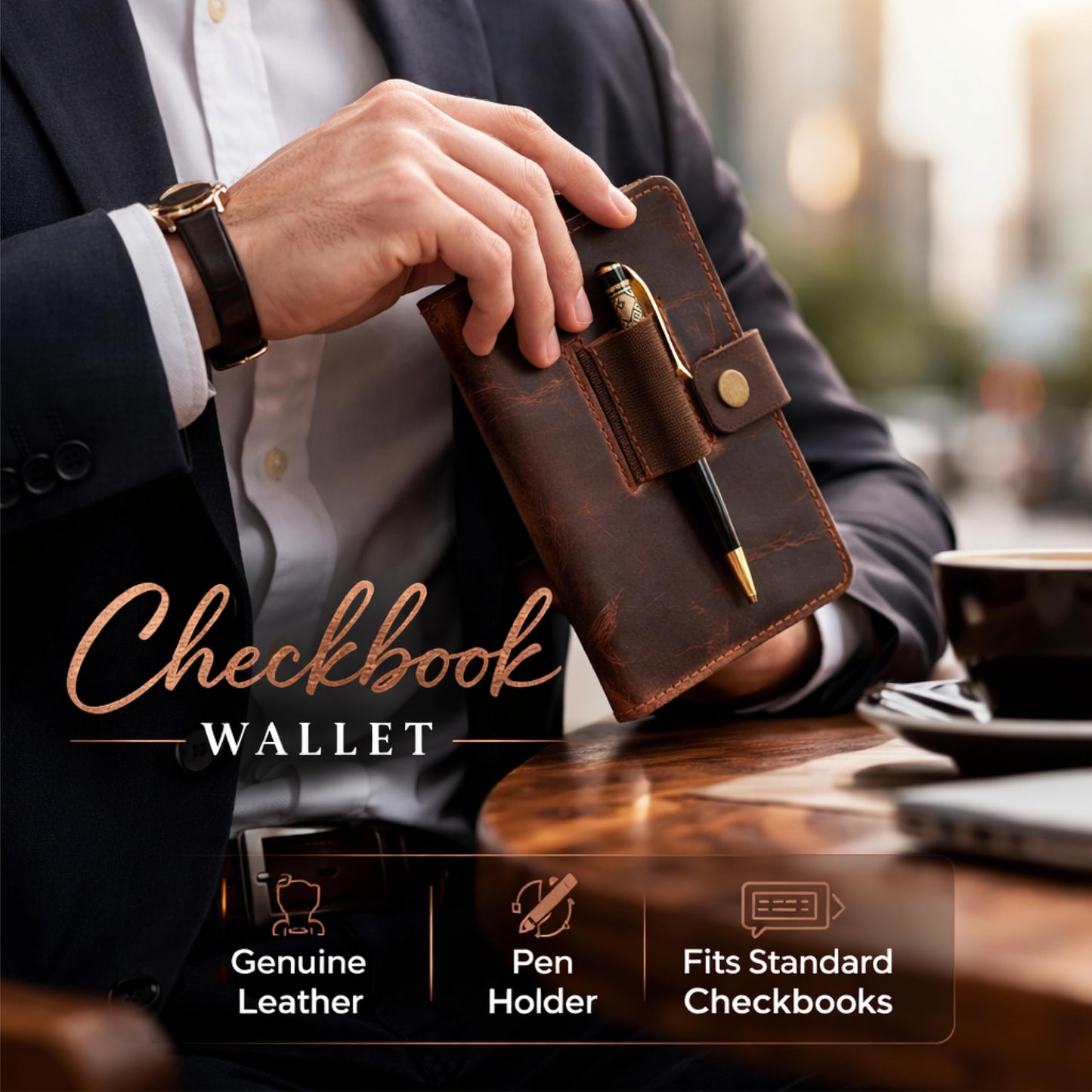 TheAntiq Leather Checkbook Cover with Pen Loop, Full Grain Check Book Holder Wallet for Personal & Duplicate Checks, Slim Money Organizer for Men & Women – Brown