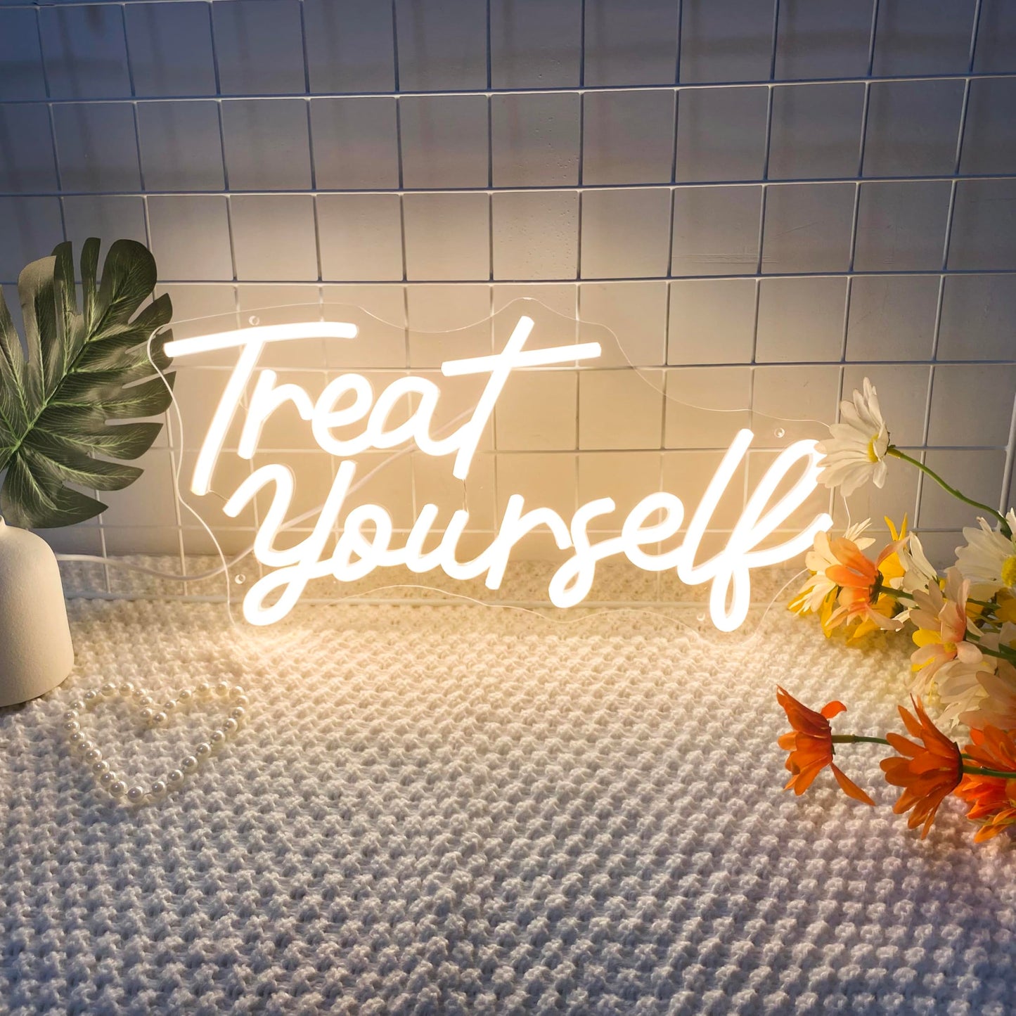 Treat Yourself LED Neon Sign for Wall Decor Bedroom Wedding Birthday Aesthetic USB Neon Light Signs(16in)
